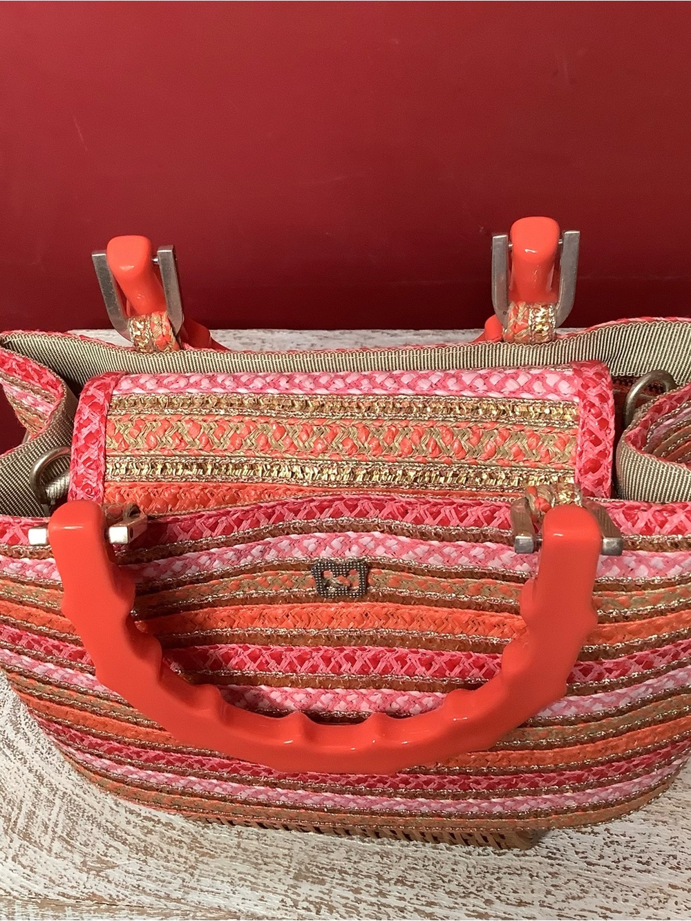 Eric Javits LEILA Coral Pink Striped Woven Satchel Crossbody Bamboo Handle Bag - Picture 6 of 16